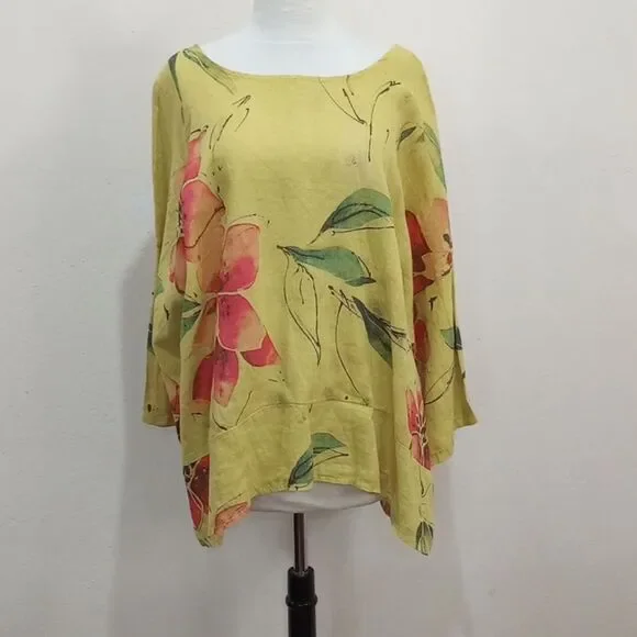 Claudia Collezioni Italy 100% Linen Lagenlook Floral Print Oversize Blouse - XL - Picture 3 of 9